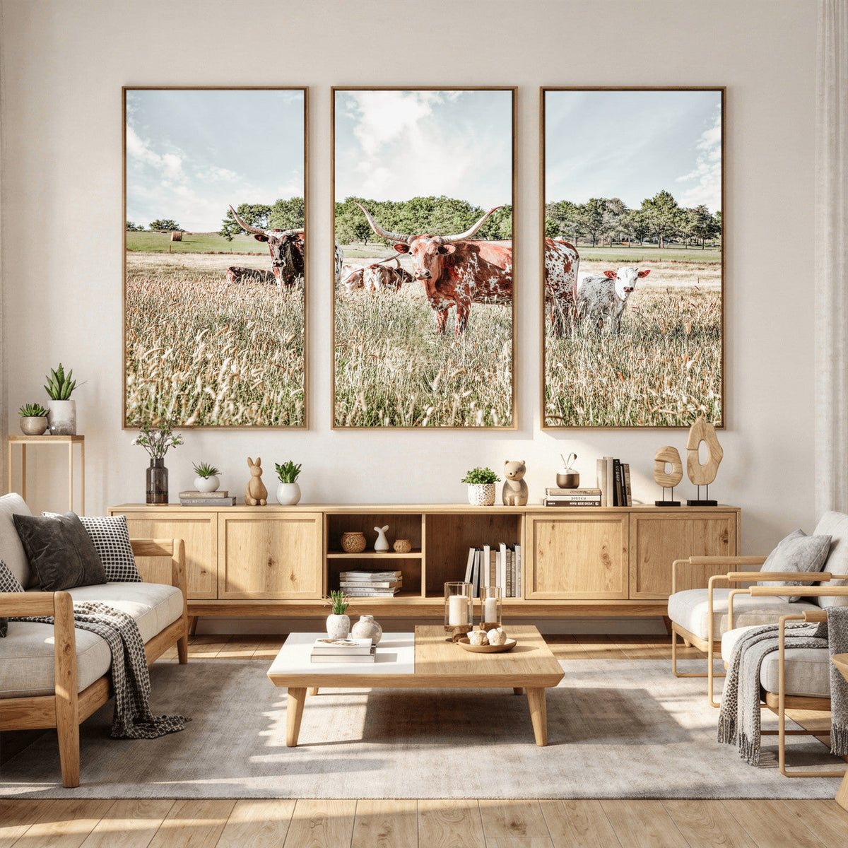 Texas Longhorn Cattle Wall Art Canvas Print, Rustic Ranch