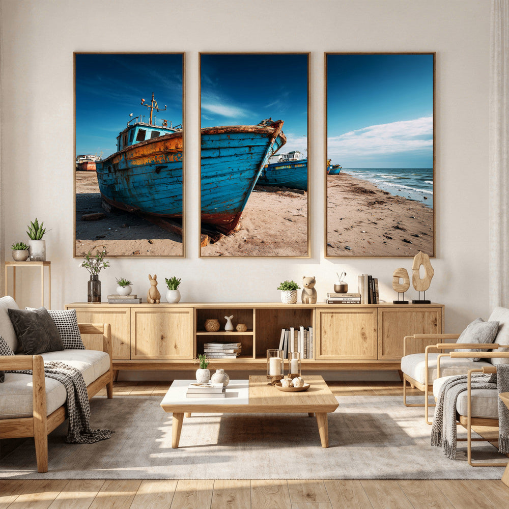 Coastal Fishing Boats Wall Art Canvas Print, Sunset Beach
