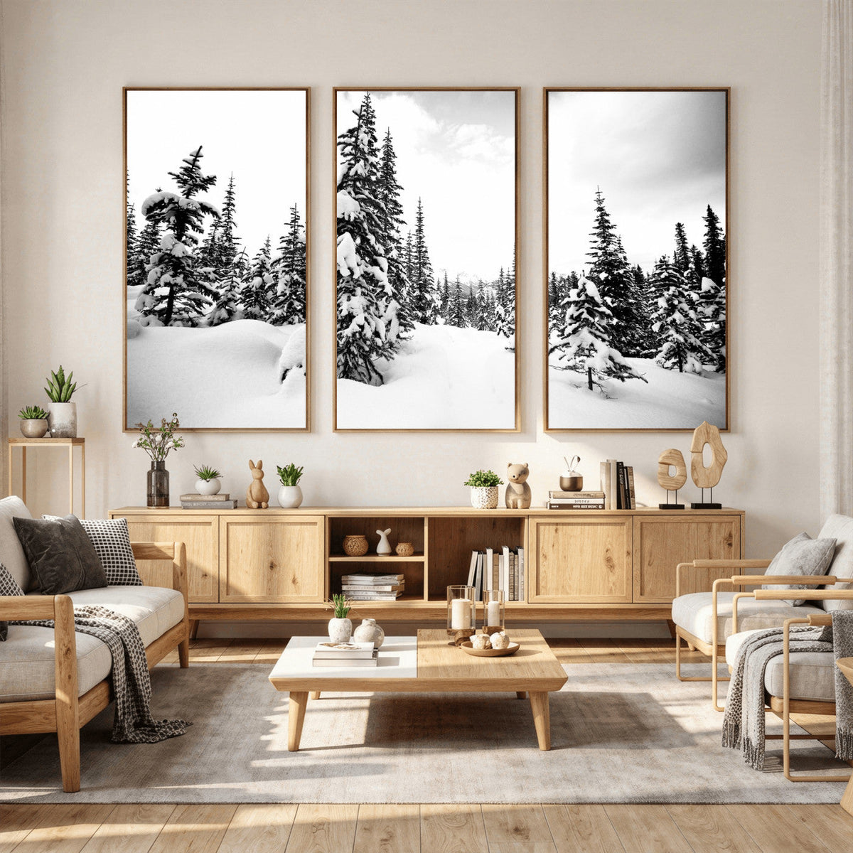 Black and White Snowy Pine Forest Wall Art Canvas Print,