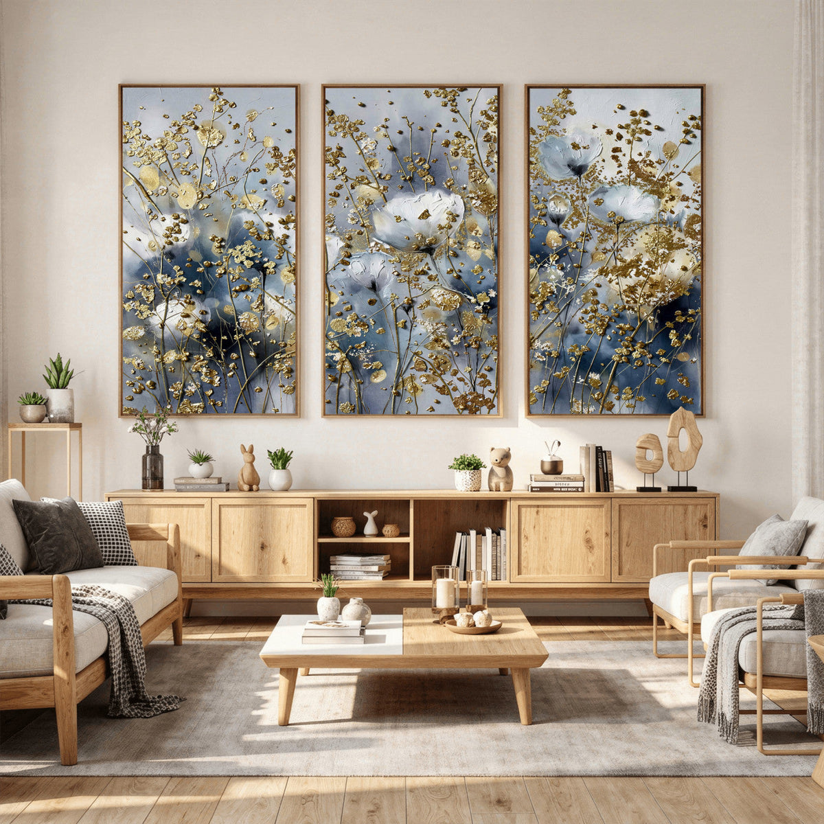 Abstract Floral Wall Art Canvas Print – Gold and Blue