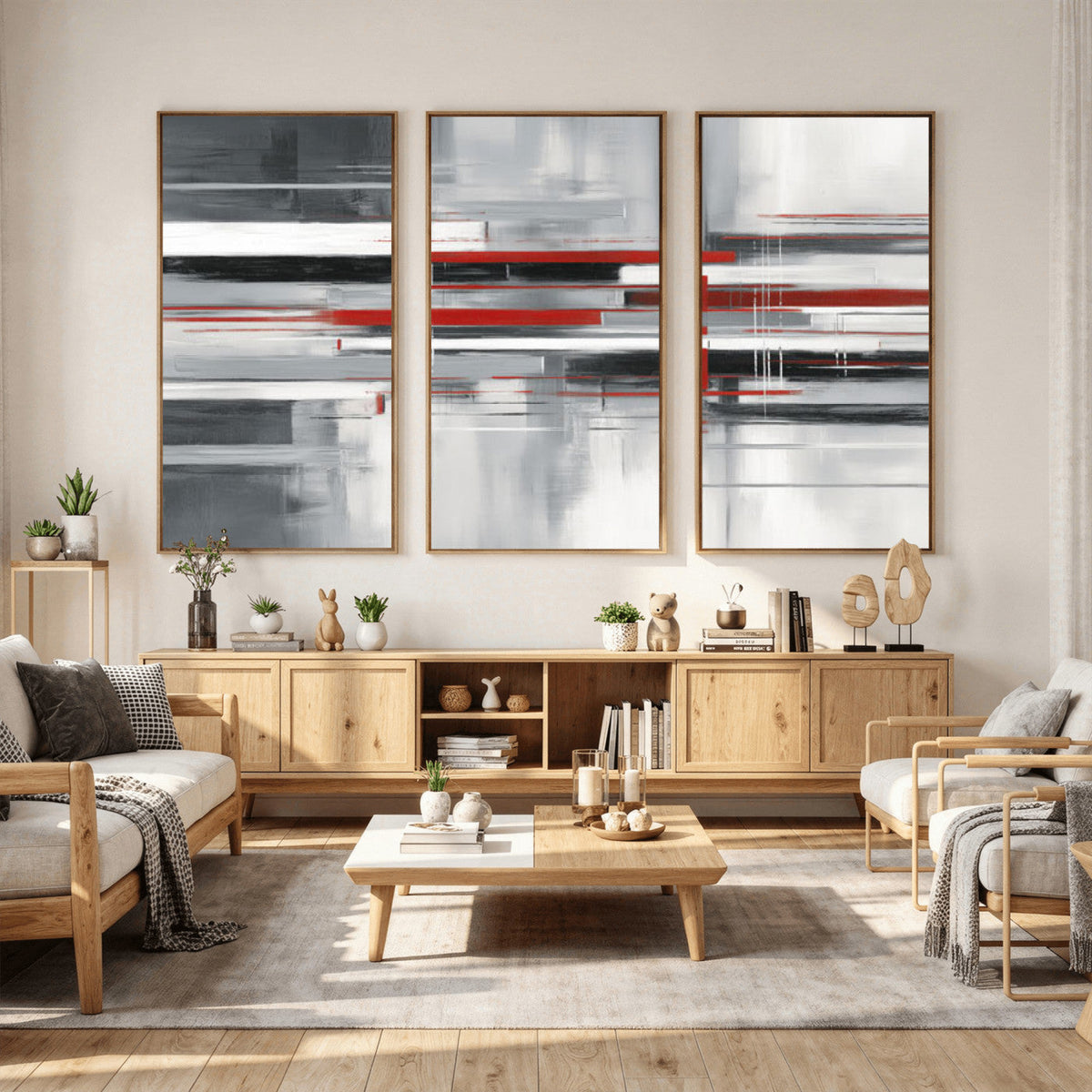Gray Red Abstract Wall Art Canvas Print, Modern Abstract
