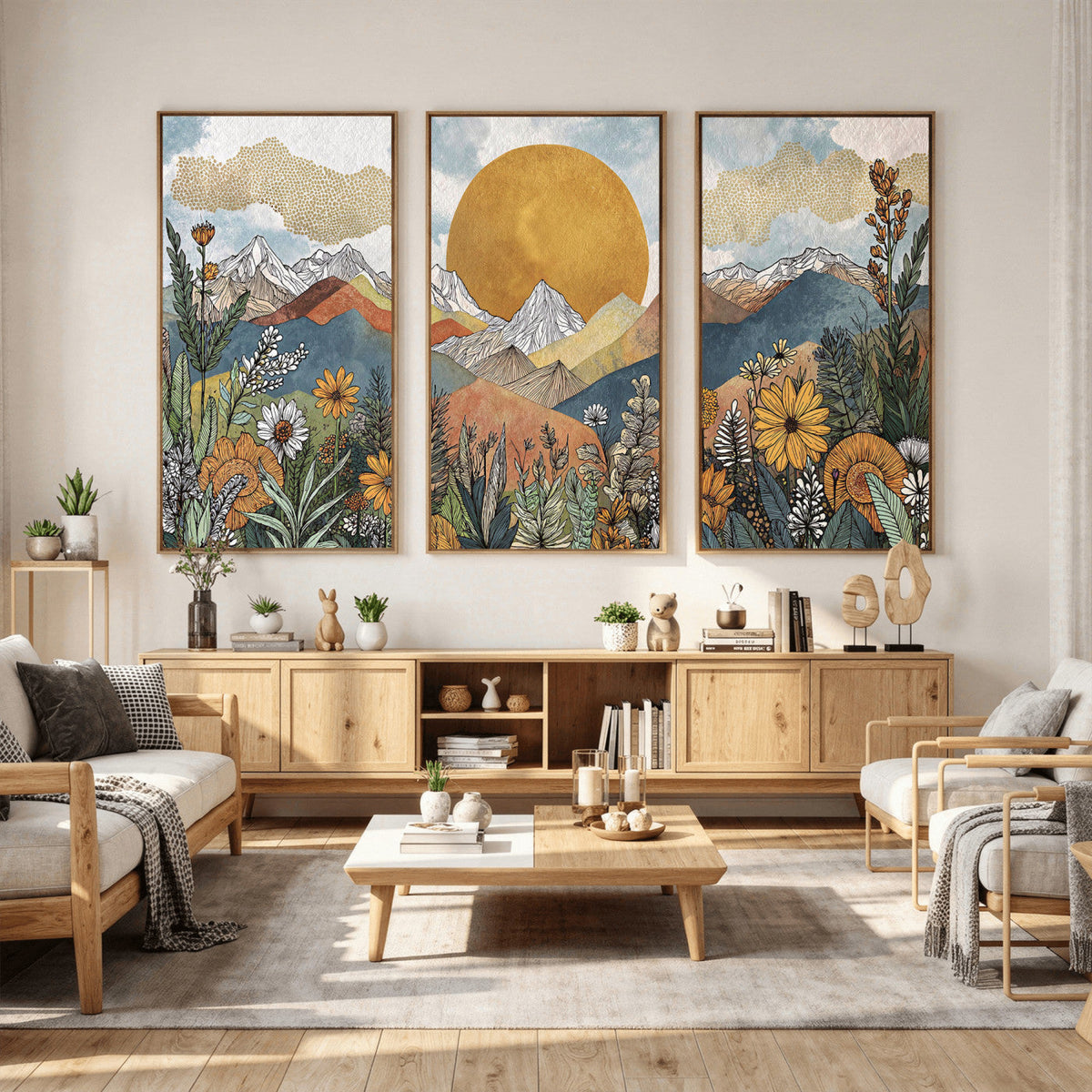 Boho Mountain Landscape Large Wall Art, Horizontal Gold