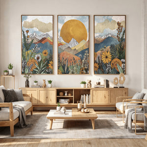 Boho Mountain Landscape Large Wall Art, Horizontal Gold
