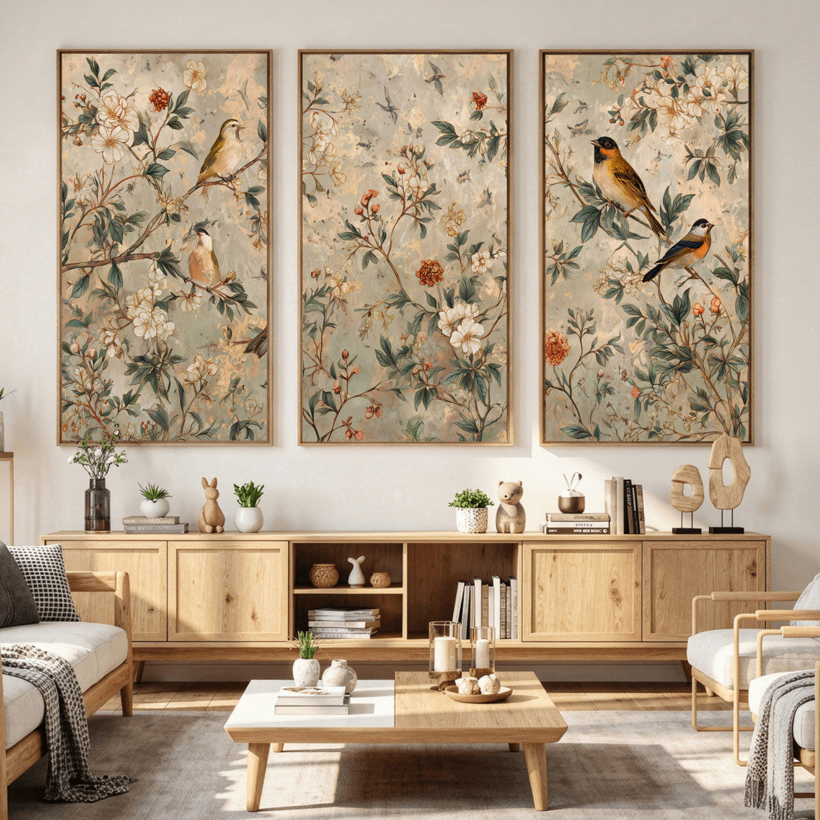 Vintage Birds and Flowers Wall Art Canvas Print, Botanical
