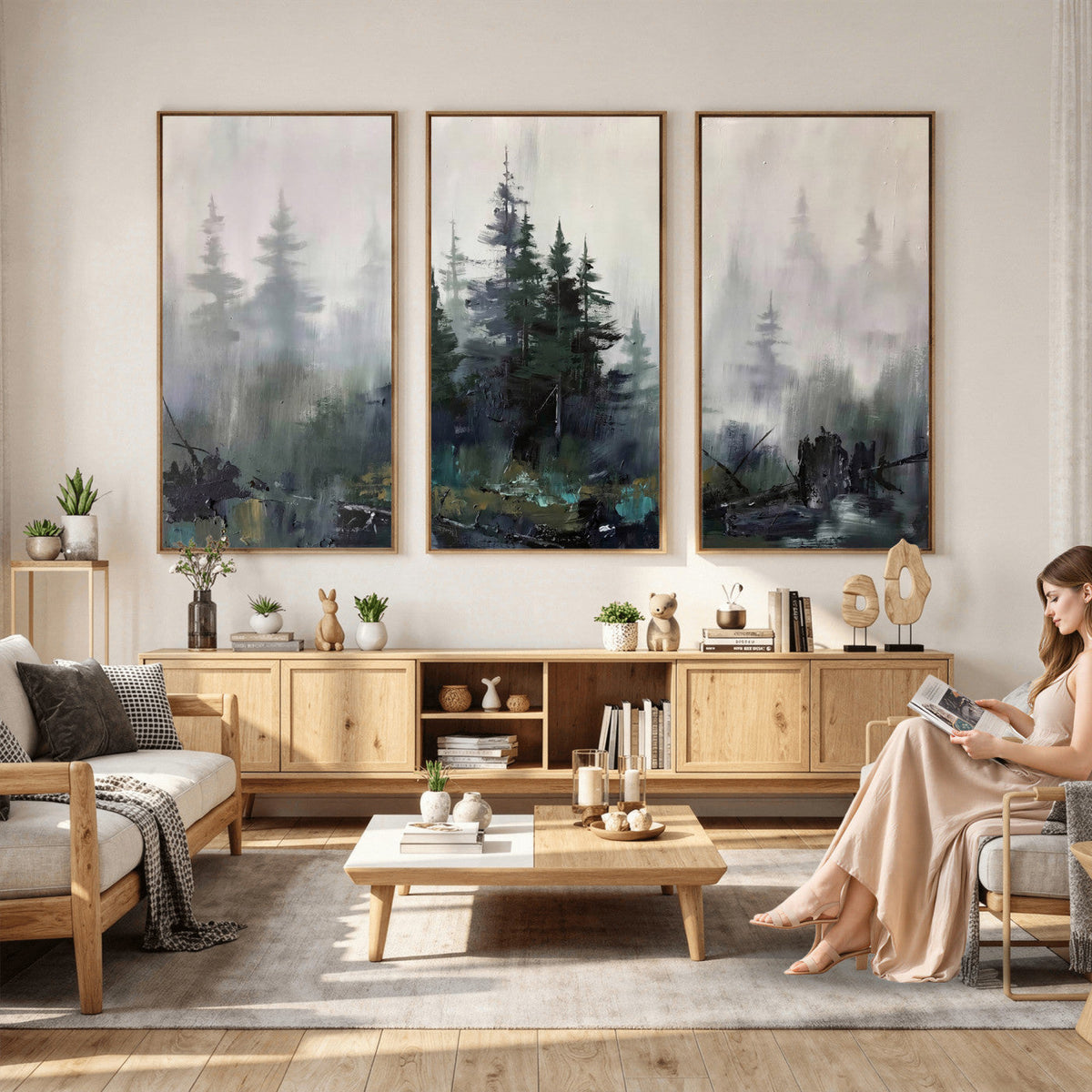 Misty Pine Forest Oil Painting Canvas — Dark Moody Teal Grey