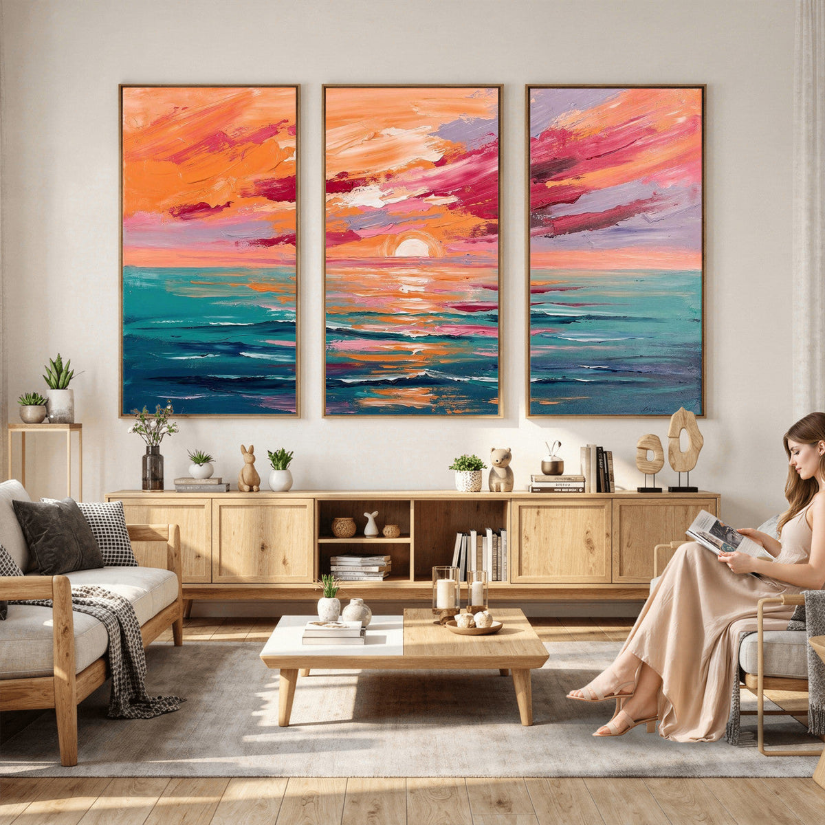 Bold Palette Knife Ocean Sunset Canvas — Orange Pink Teal
