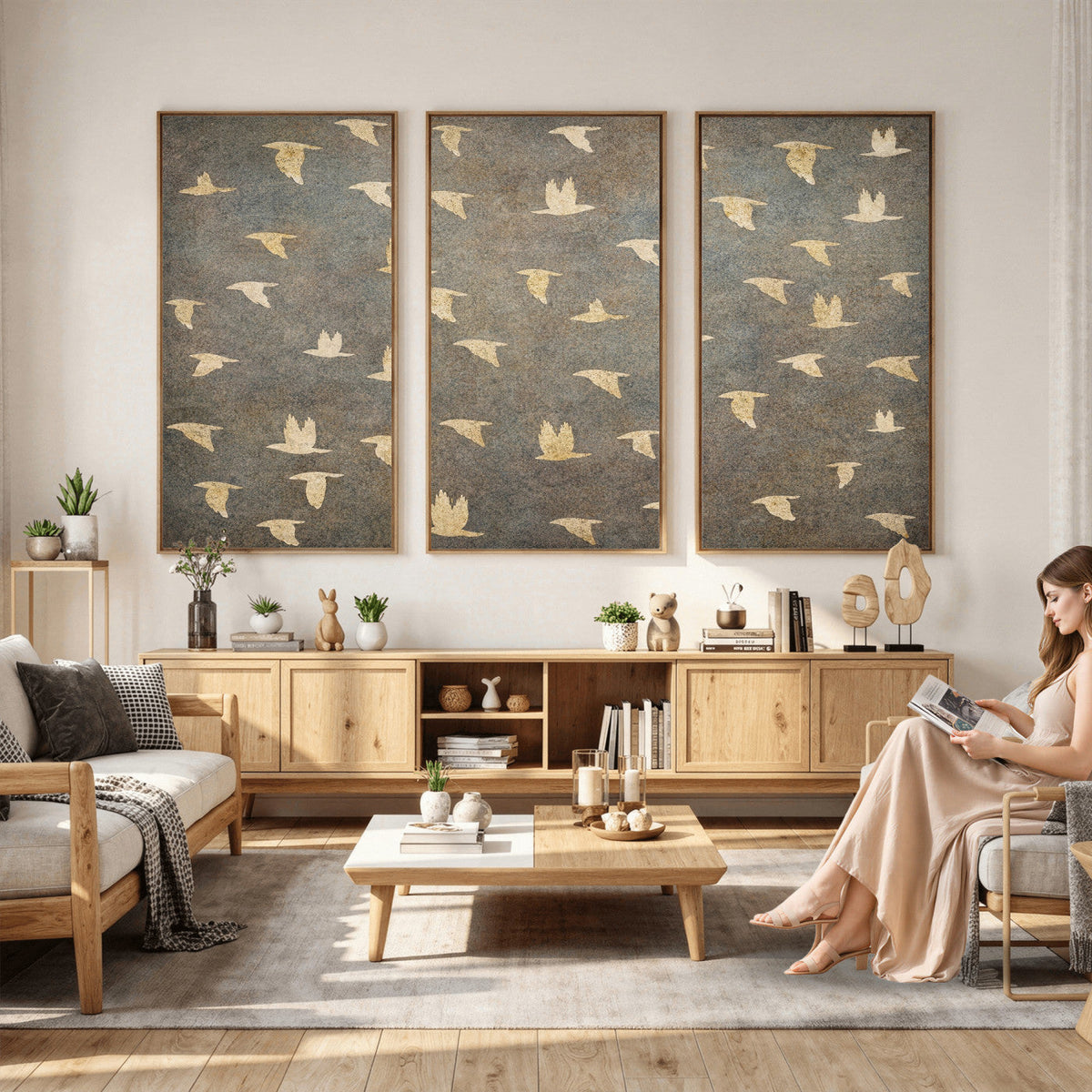 Flying Birds Canvas Wall Art, Vintage Bird Flock Pattern
