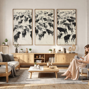 Longhorn Cattle Canvas Wall Art, Black White Stampede Ink