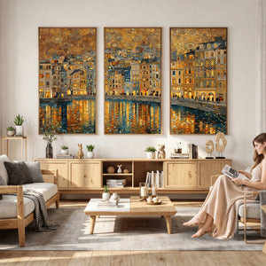 Gustav Klimt Golden Cityscape Wall Art Canvas Print, Framed