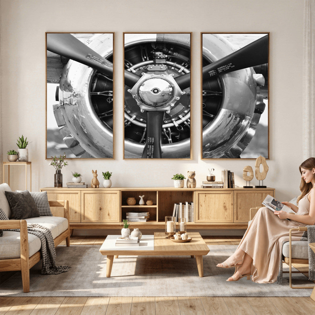 Vintage Propeller Plane Wall Art Canvas Print, Black and
