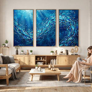 School of Fish Canvas Print | Blue Ocean Underwater Wall Art