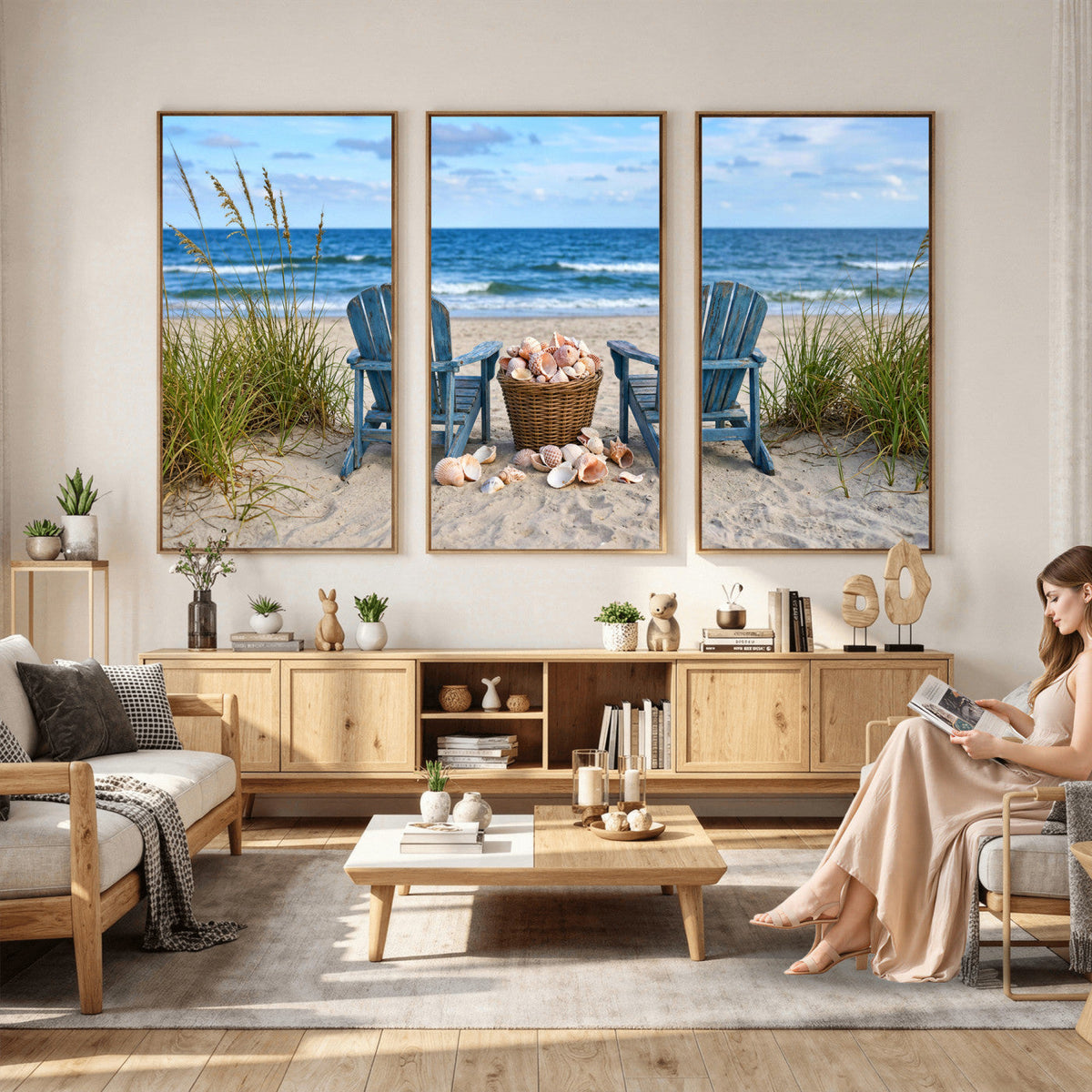 Large Beach Canvas Wall Art Coastal Adirondack Chairs Ocean