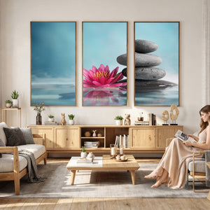 Zen Canvas Wall Art Lotus Flower Stacked Stones Teal Spa
