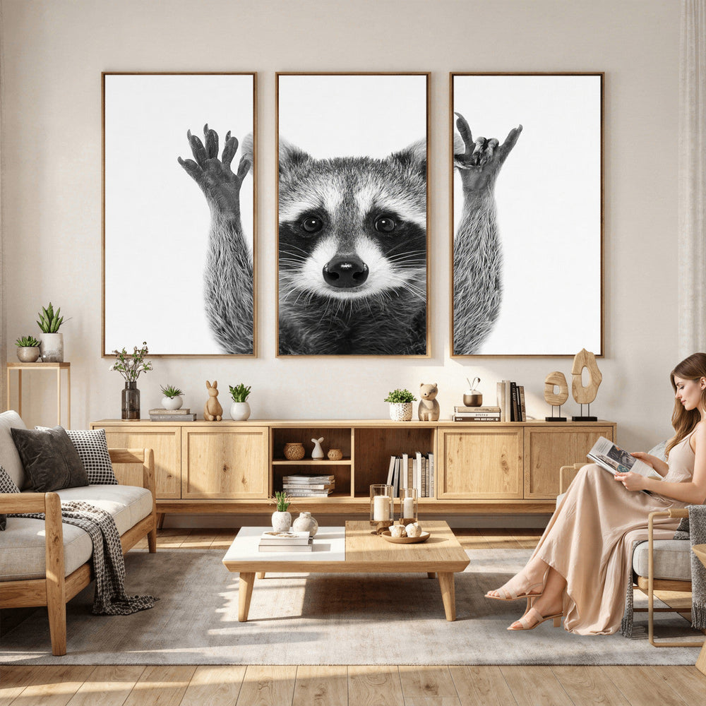 Funny Raccoon Canvas Wall Art, Black White Hands Up Animal Photo Print, Humorous Wildlife Decor, Kids Room Nursery Art, Quirky Animal Gift