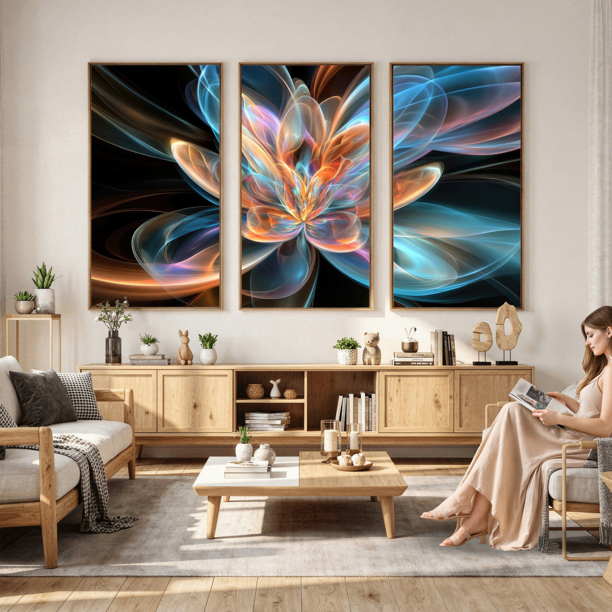 Fractal Lotus Canvas Wall Art, Blue Orange Glowing Flower Abstract Print, Modern Zen Meditation Room Decor, Ethereal Digital Art, Living Room