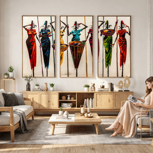 African Folk Art Canvas Wall Art, Colorful African Women Village Painting Print, Tribal Ethnic Home Decor, Vibrant African Art, Living Room