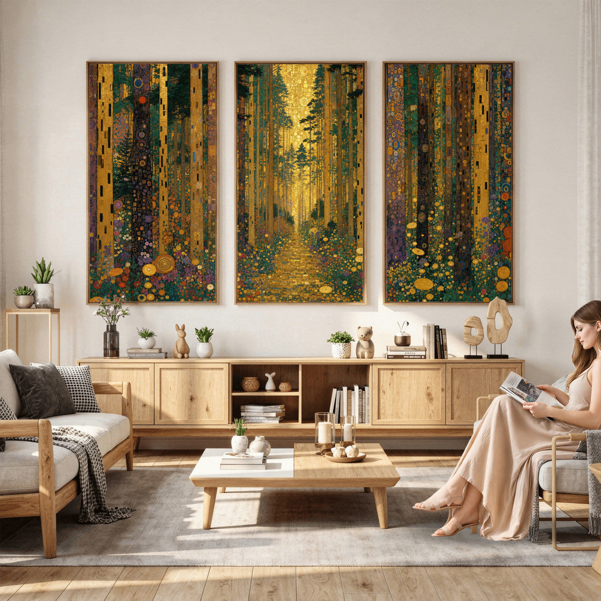 Gustav Klimt Style Forest Canvas Wall Art, Golden Forest Path Floral Art Nouveau Print, Enchanted Woodland Decor