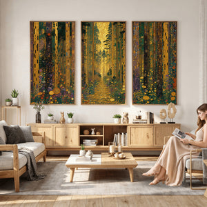 Gustav Klimt Style Forest Canvas Wall Art, Golden Forest Path Floral Art Nouveau Print, Enchanted Woodland Decor