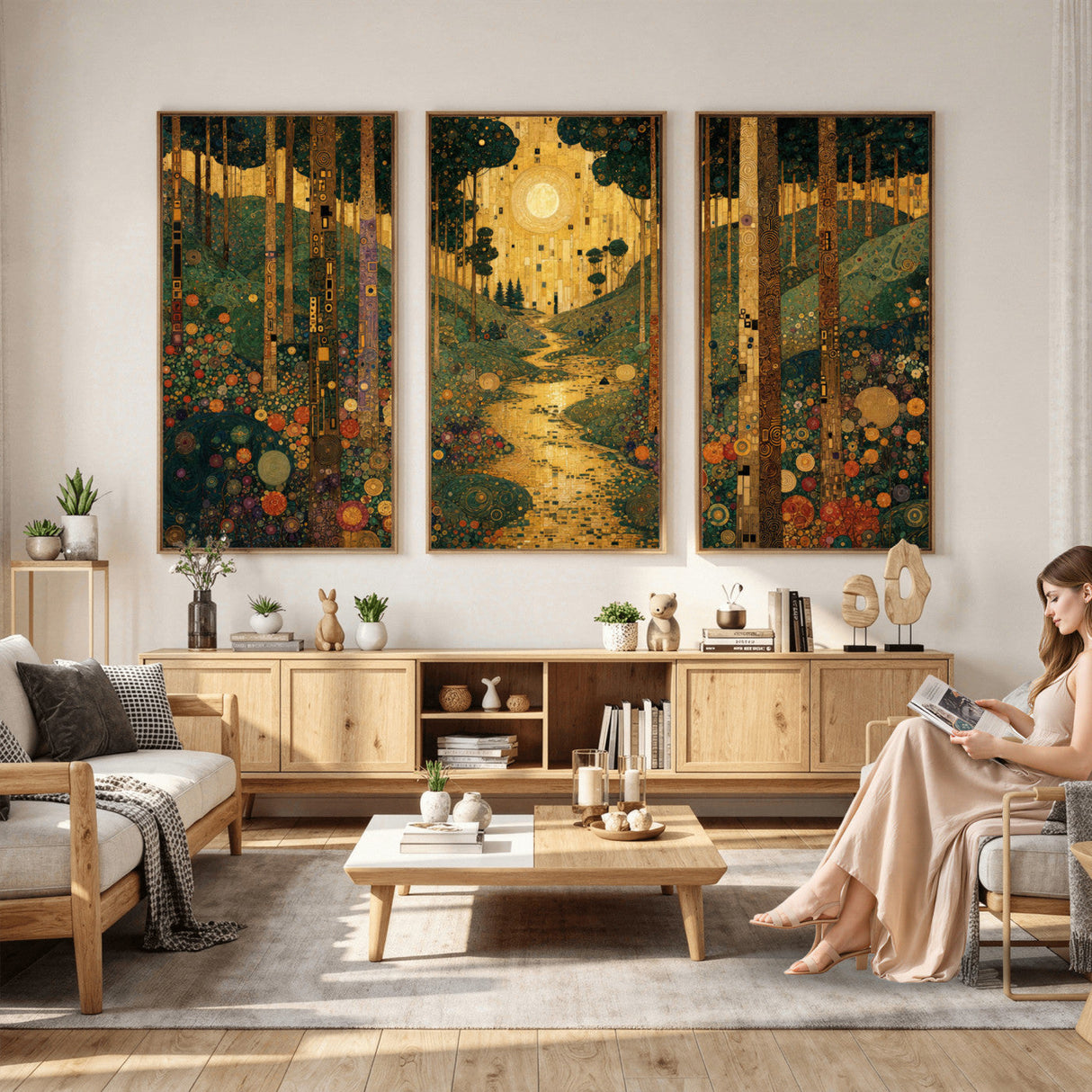 Gustav Klimt Style Forest Canvas Wall Art, Golden Forest Path Floral Art Nouveau Print, Enchanted Woodland Decor