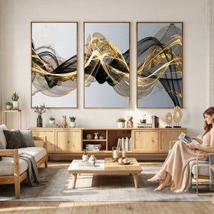 Black and Gold Abstract Wall Art, Modern Wave Canvas Print, Elegant Flowing Smoke Art, Luxury Living Room Decor