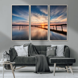 Wooden Pier on Seascape and Sunset Wall Art Canvas Print