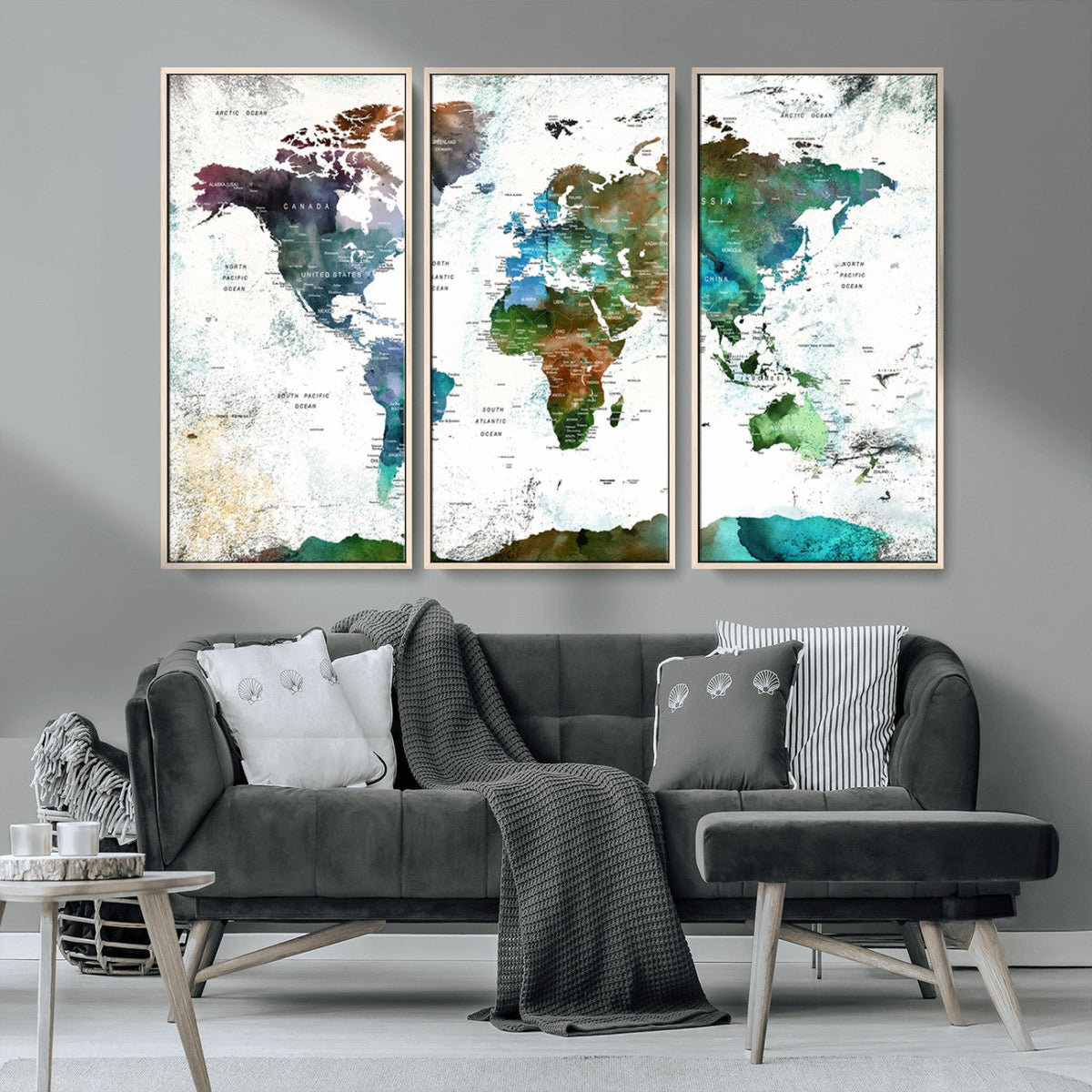 Modern Watercolor World Map Canvas Wall Art – Framed