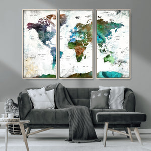 Modern Watercolor World Map Canvas Wall Art – Framed