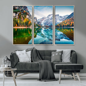 Spectacular autumn view of Braies Lake Wall Art Canvas Print