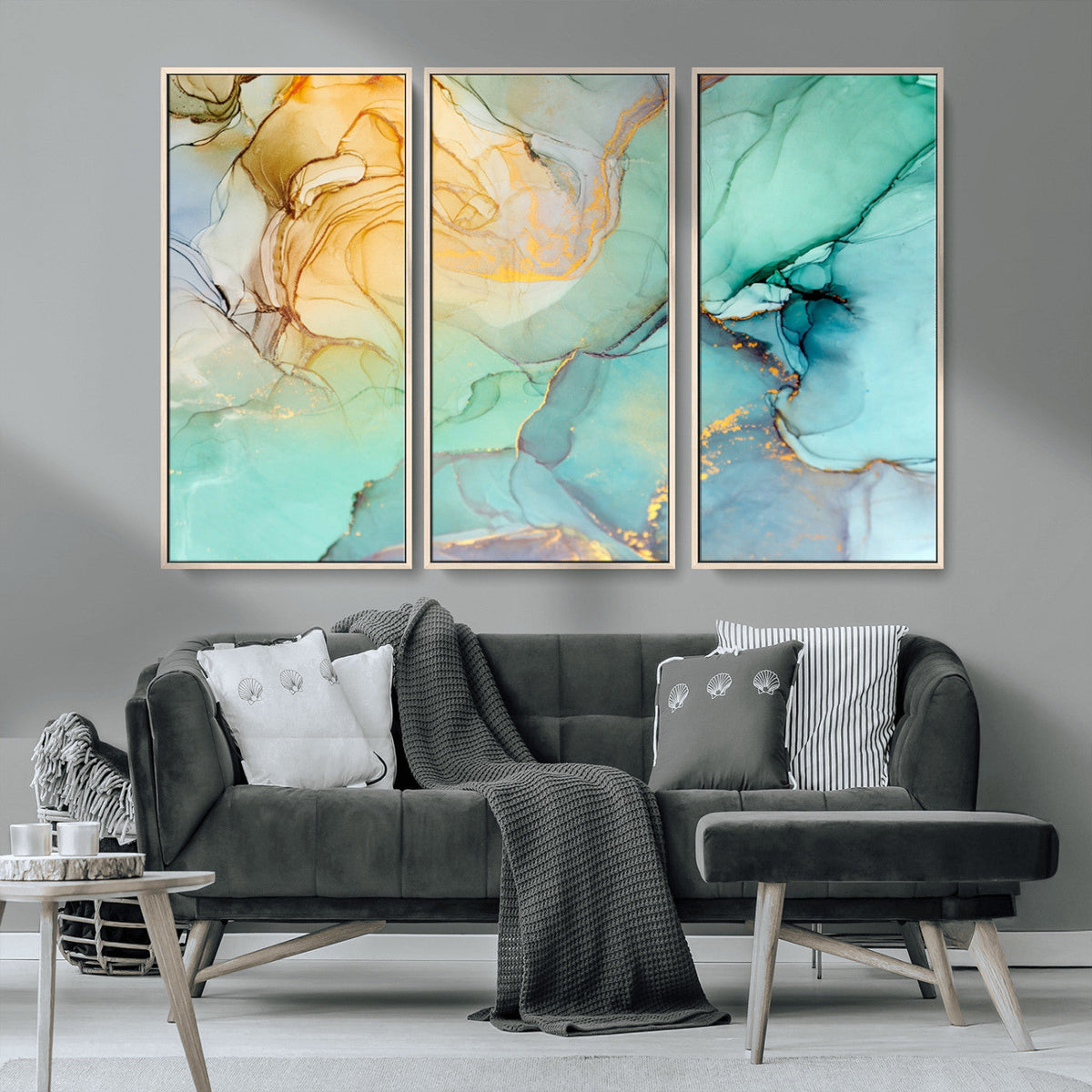 Abstract Aqua and Gold Fluid Wall Art Canvas | 3 Panel Large