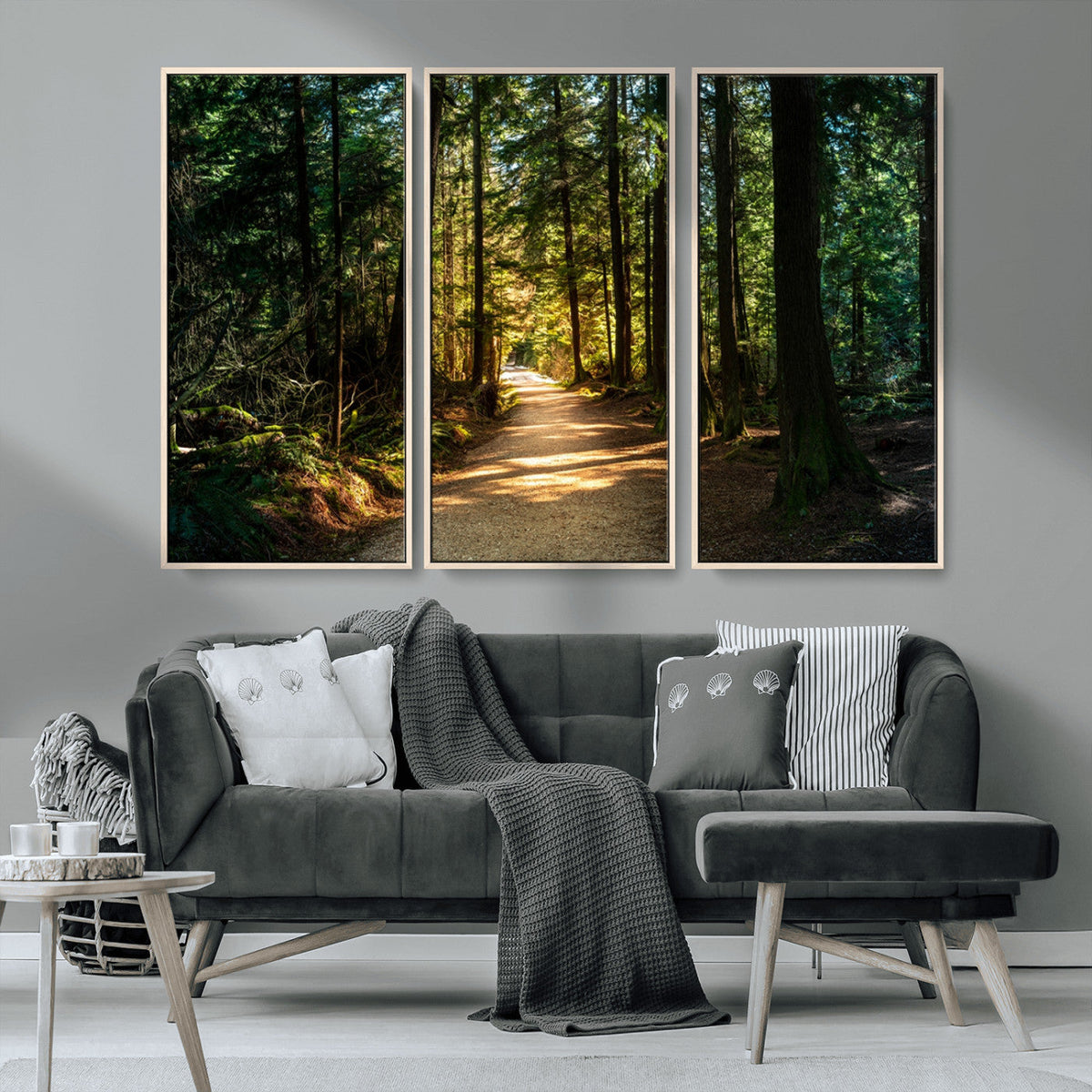 Sunlit Forest Pathway Canvas Print | 3 Panel Large Nature