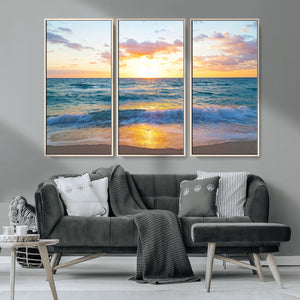 Golden Sunset Over Ocean Waves - Serene Coastal Triptych