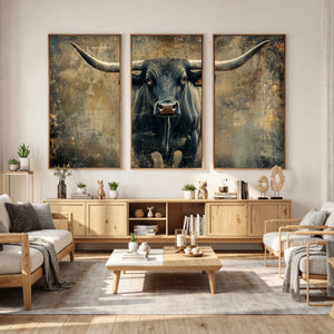 Texas Longhorn Bull Wall Art – Framed Rustic Cow Canvas