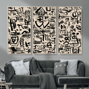 Abstract Love and Chaos Canvas Print, Black Symbols on Beige