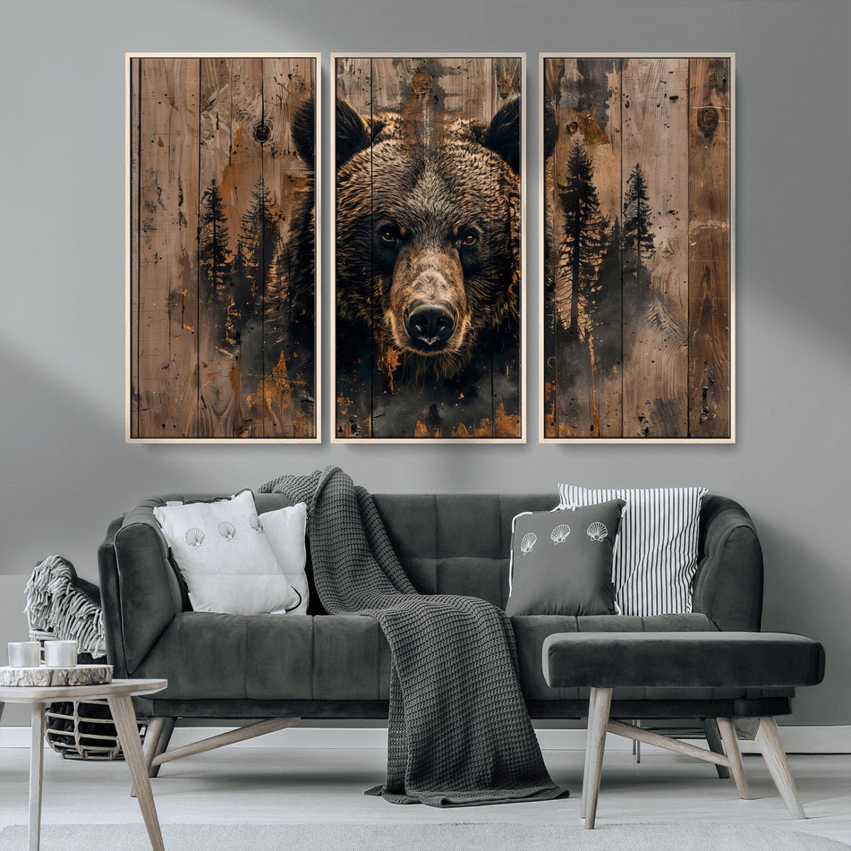 Rustic Grizzly 399 Wall Art | Triptych Canvas Print | Rustic