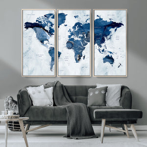 Modern Blue World Map Canvas Print – Framed Wall Art,