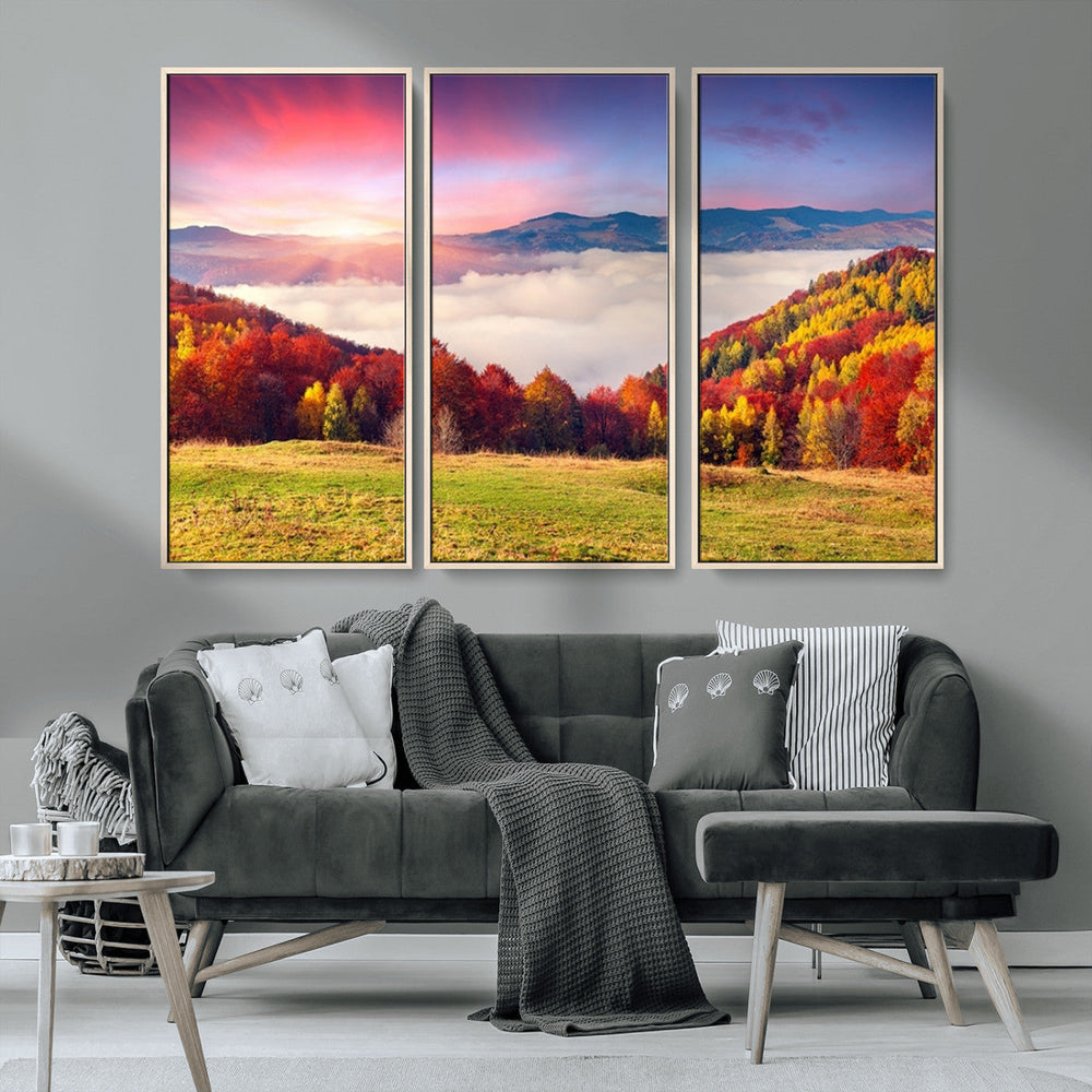 Autumn Mountain Foggy Landscape Wall Art Canvas Print |