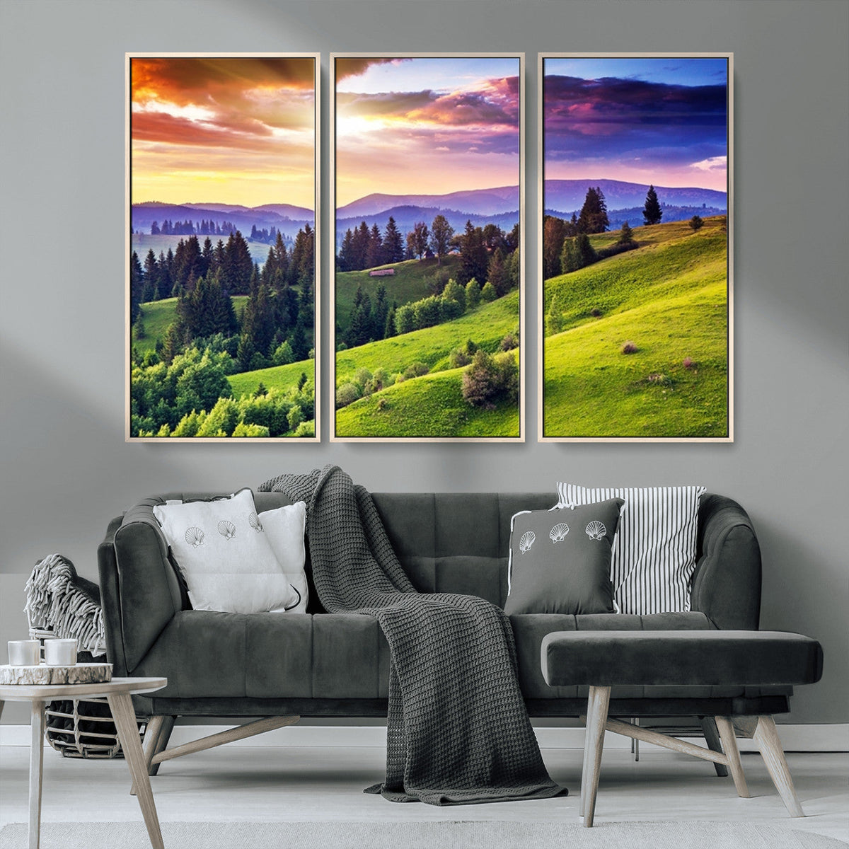 Green Hills and Sunset Wall Art Print - Scenic Landscape