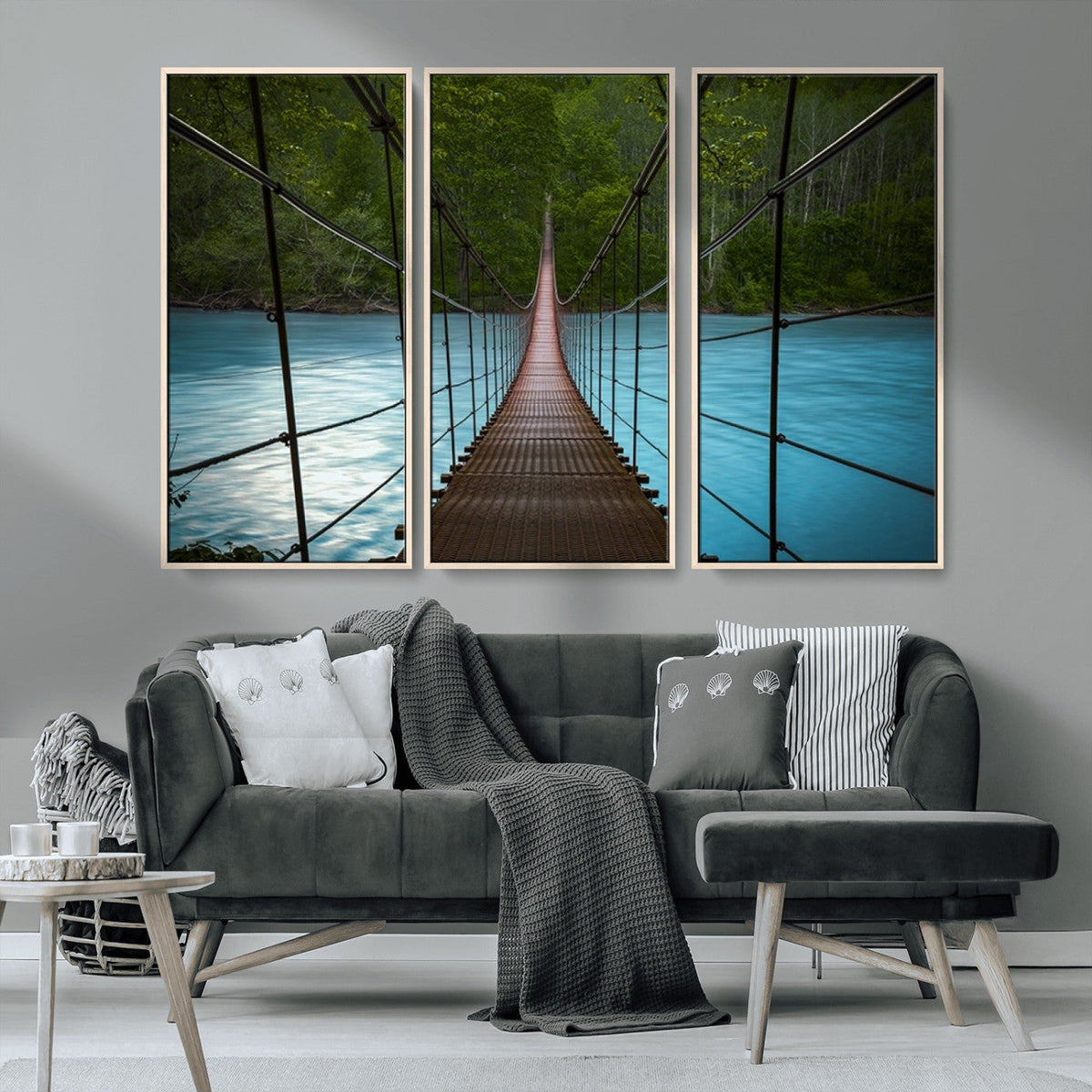 Suspension Bridge Over River Canvas Art | 3-Panel Nature