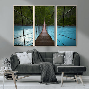 Suspension Bridge Over River Canvas Art | 3-Panel Nature