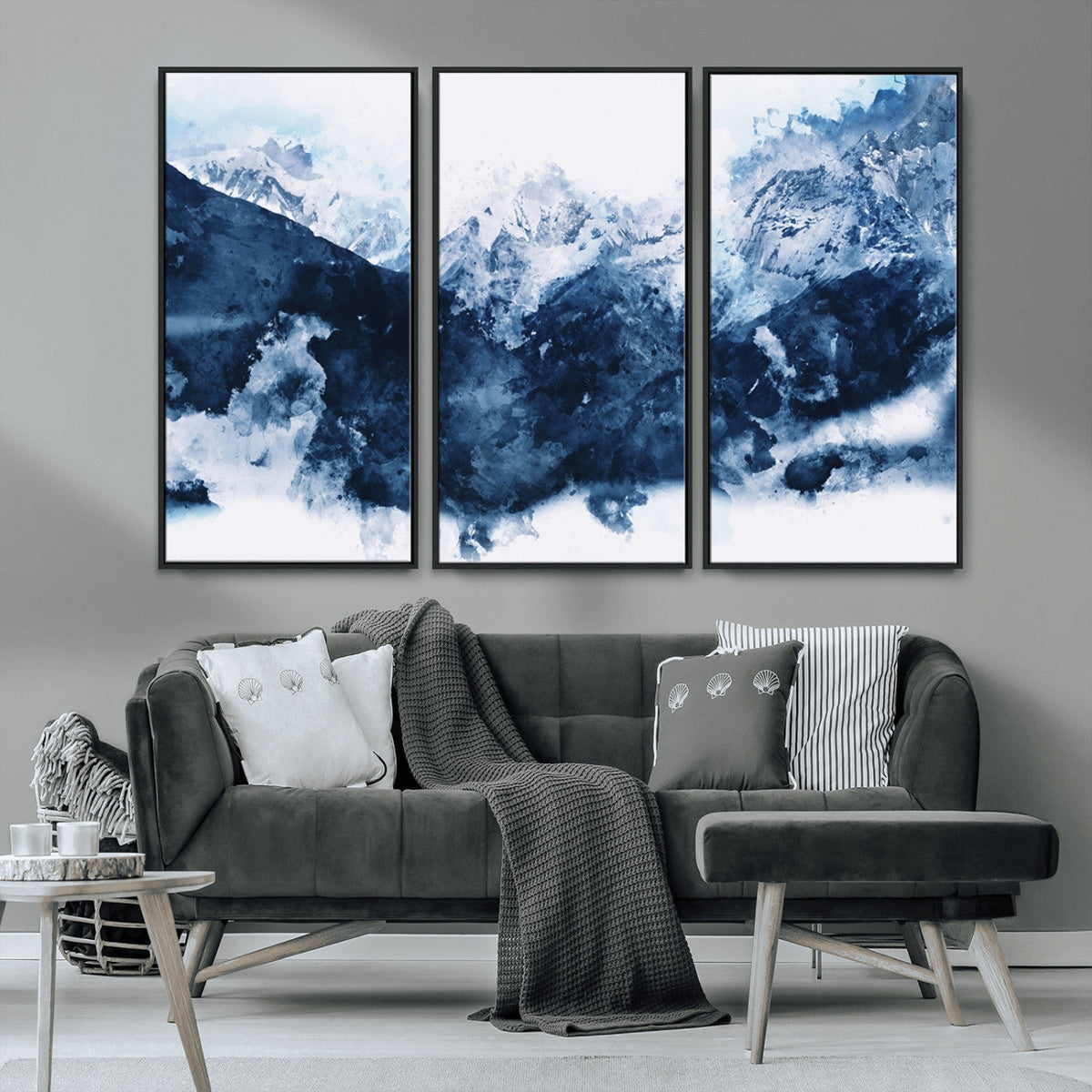 Abstract Blue Mountain Canvas Wall Art – Modern Triptych