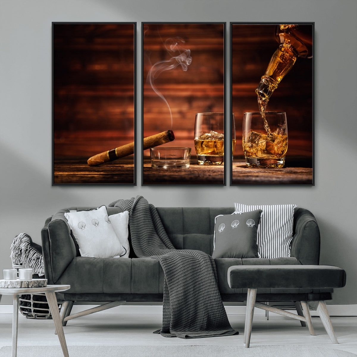 Whiskey and Cigar Wall Art Canvas | 3 Panel Bar Room Decor