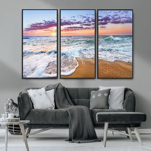 Coastal Sunset Art Beach Canvas Wall Art Print | Ocean Waves