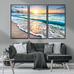 Sunset Beach Waves Canvas Wall Art – 5-Panel Ocean Sunset