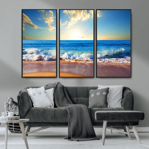 Tropical Beach Sunset Canvas Art, Ocean Waves and Sandy