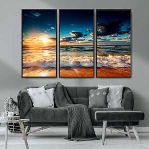 Golden Hour Sunset Over Ocean Waves Wall Art Canvas Print |