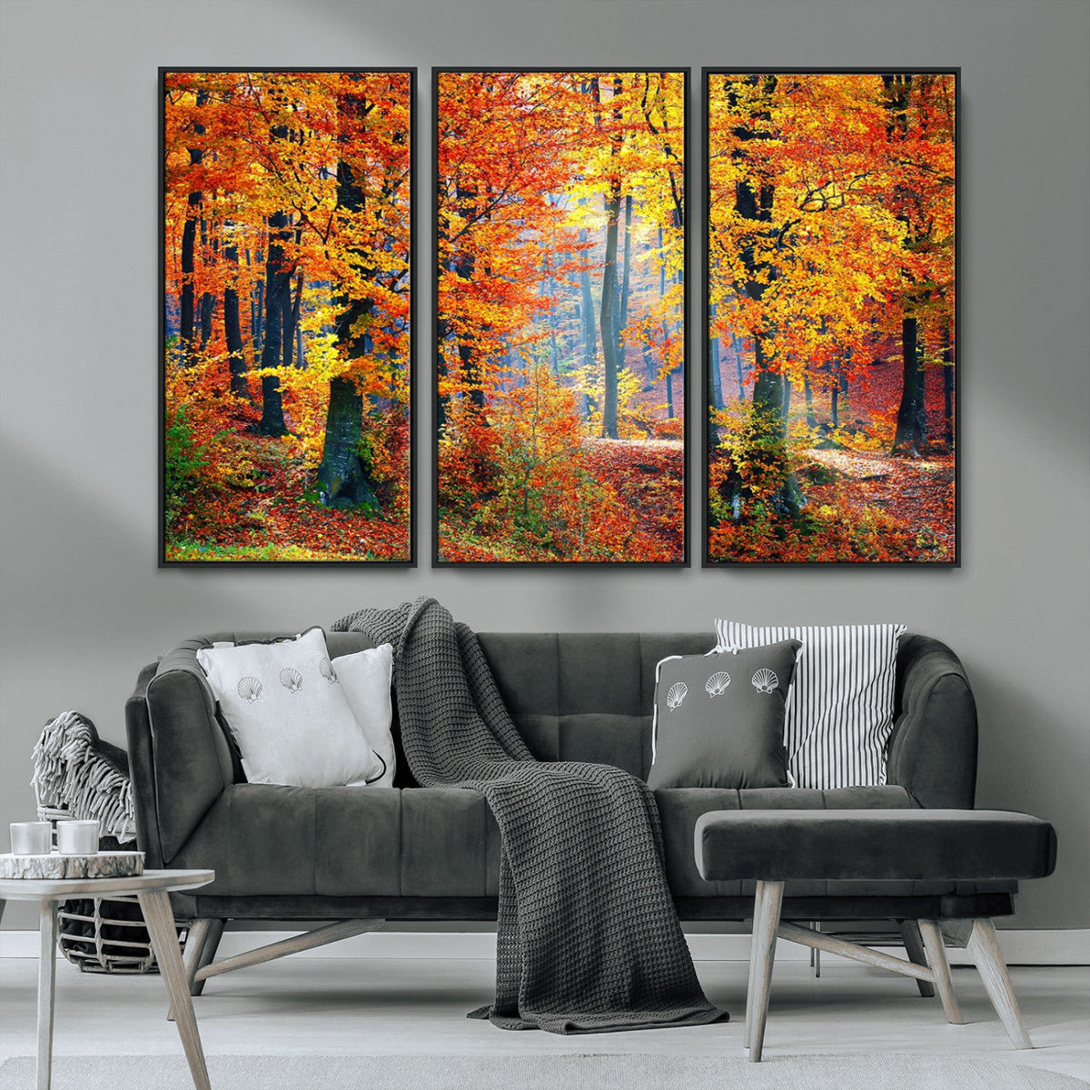 Autumn Red Forest Triptych Canvas Wall Art Print, Forest