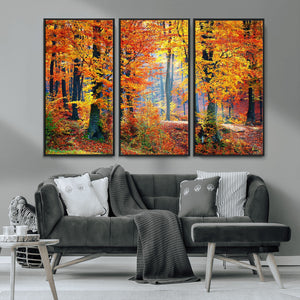 Autumn Red Forest Triptych Canvas Wall Art Print, Forest