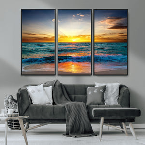 Vibrant Ocean Sunrise Over Golden Beach Waves, Giclee Canvas