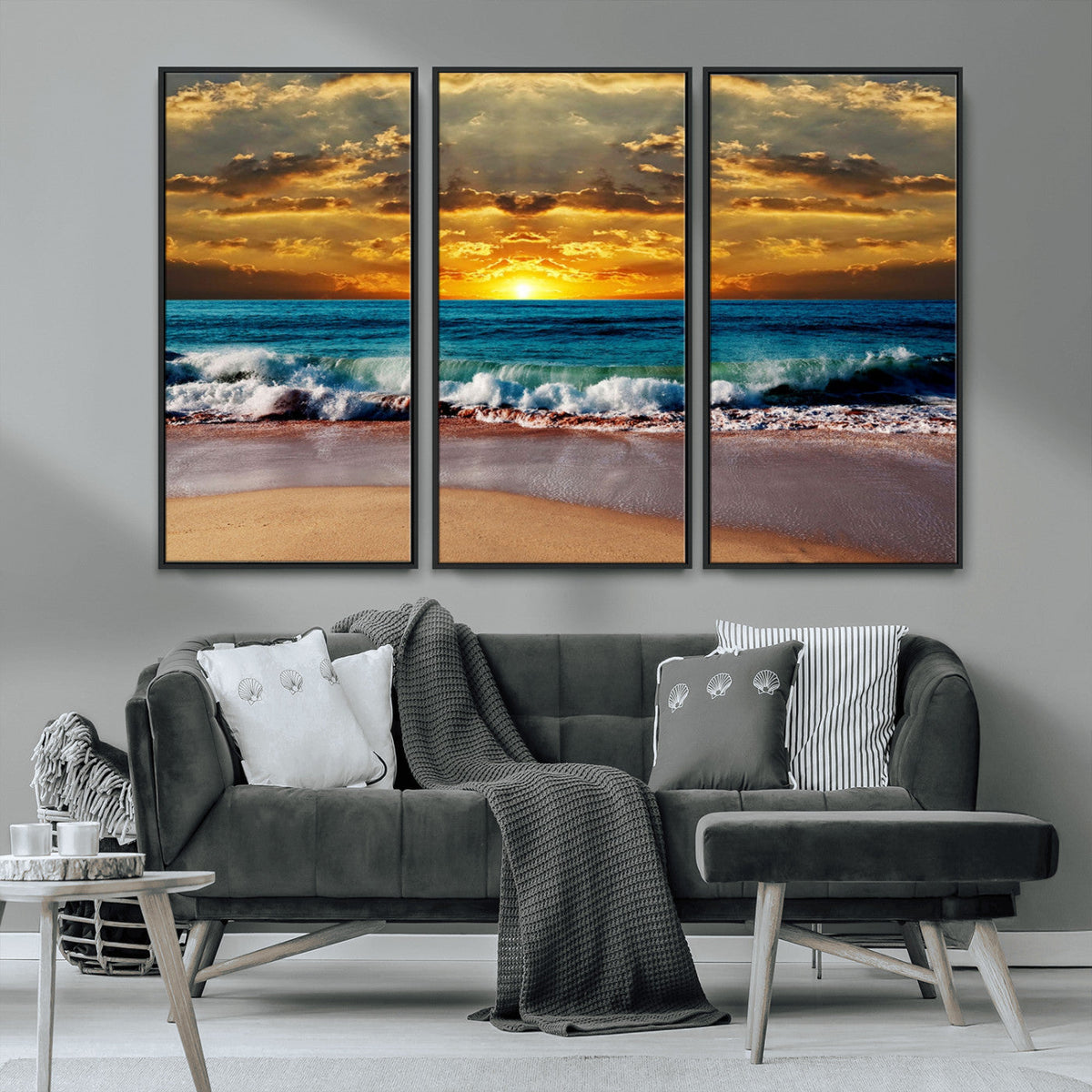 Ocean Sunrise Over Golden Beach Waves, Giclee Canvas Wall