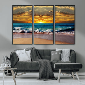 Ocean Sunrise Over Golden Beach Waves, Giclee Canvas Wall